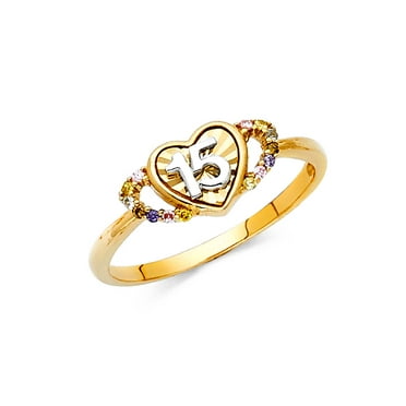14K Yellow Gold 15 Anos Quinceanera Emerald CZ Heart Ring Size 4-10